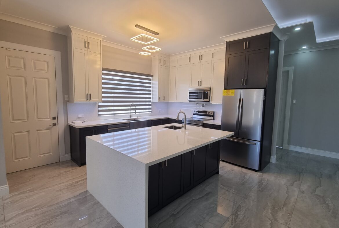 Modern kitchen island with built-in sink, cooktop, and vent hood in a Freeport home.