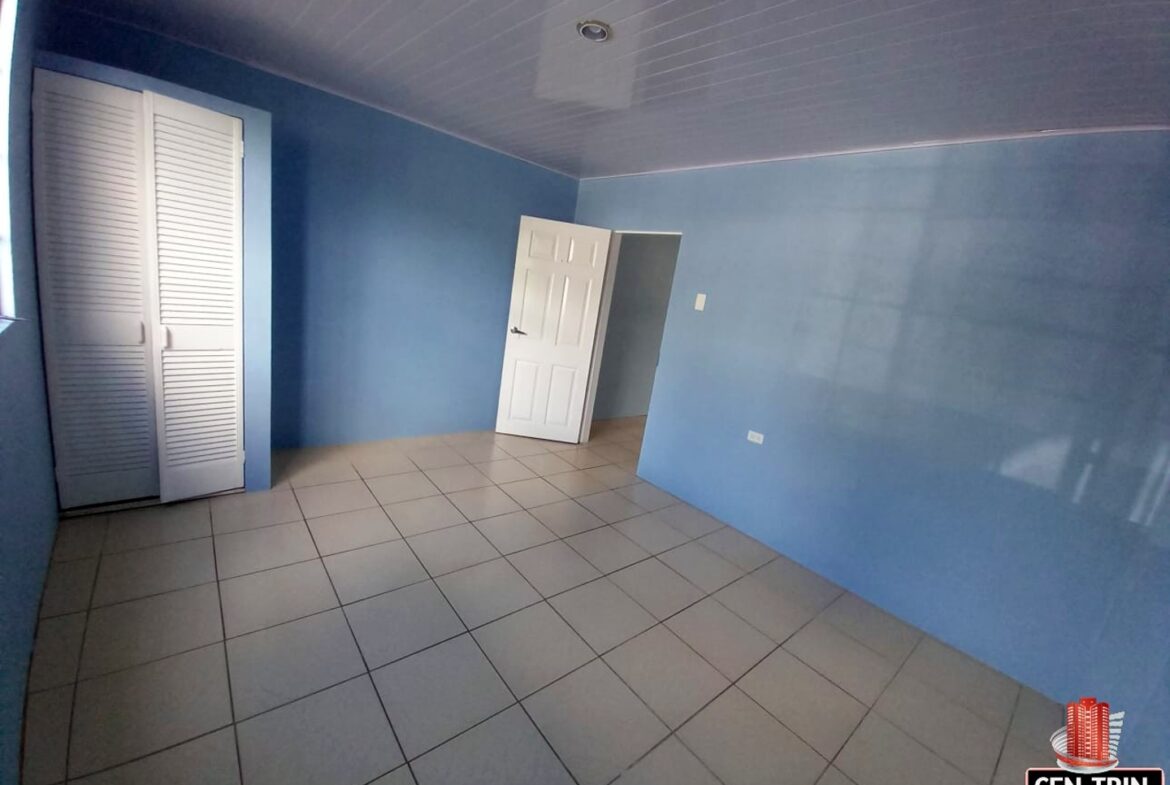 Empty room with blue walls and a white door.