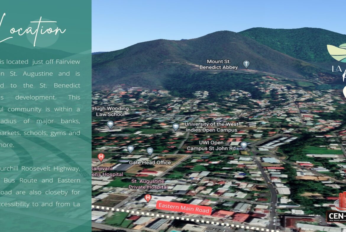 Map of La Paz neighborhood in St. Augustine, Trinidad and Tobago. The map shows the location of the neighborhood in relation to surrounding landmarks including schools, churches, and a hospital. Text labels also indicate major roads in the area.