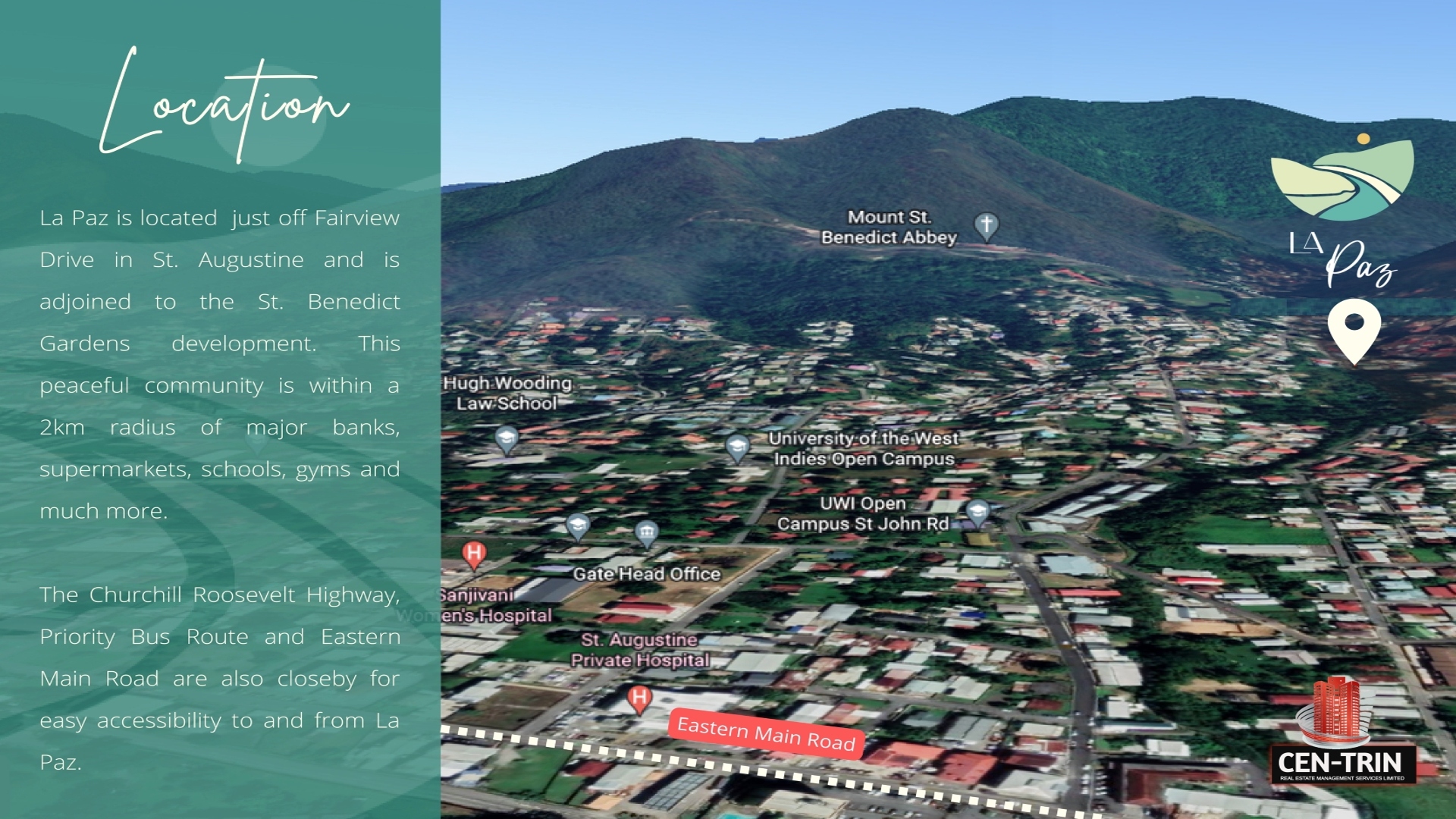 Map of La Paz neighborhood in St. Augustine, Trinidad and Tobago. The map shows the location of the neighborhood in relation to surrounding landmarks including schools, churches, and a hospital. Text labels also indicate major roads in the area.