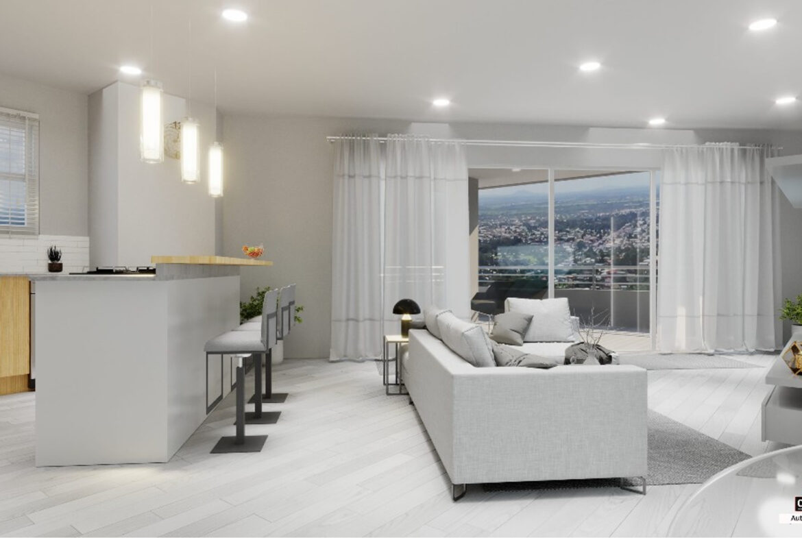 Modern living room interior with city view