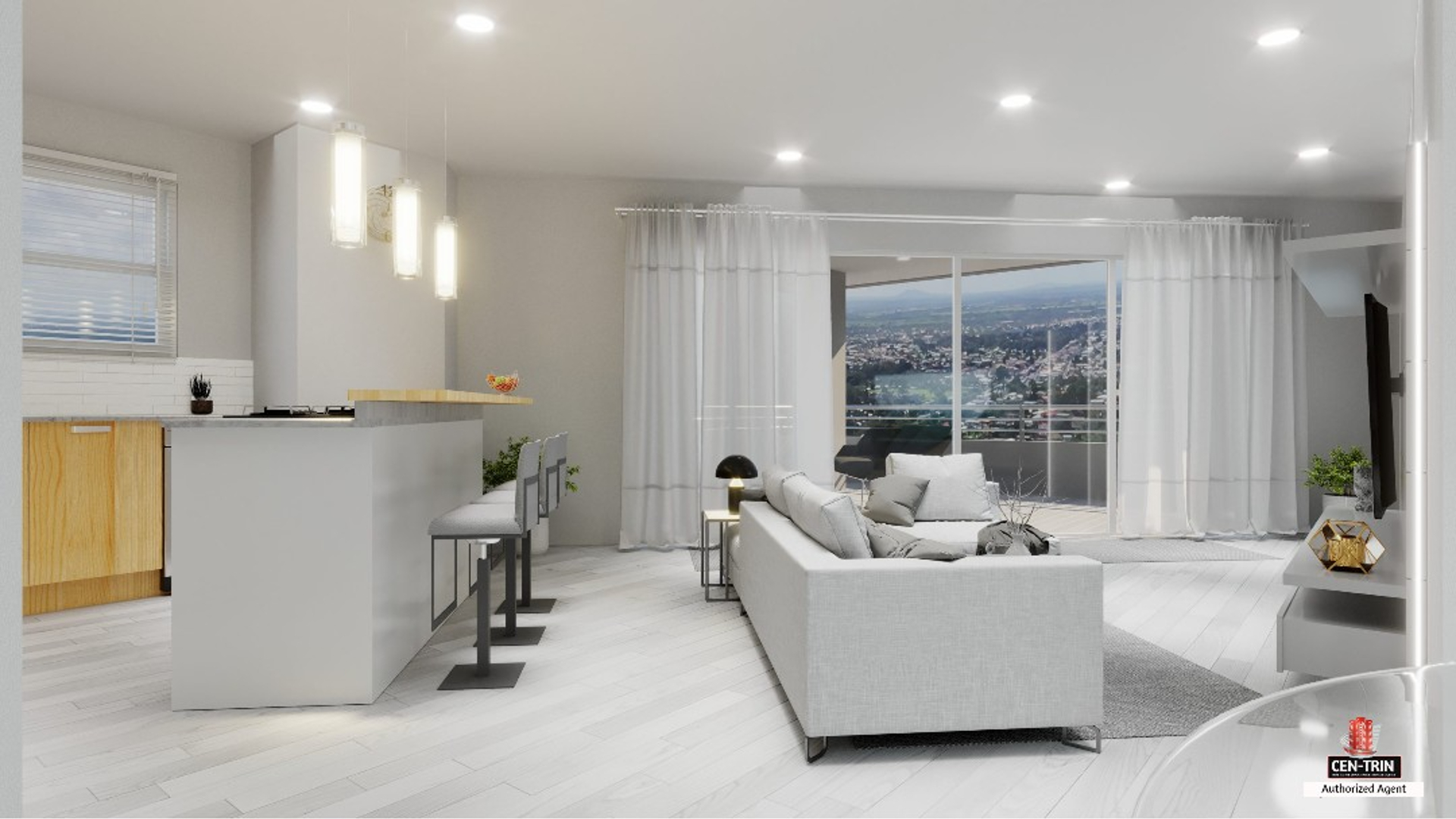 Modern living room interior with city view