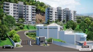 Car parked in front of modern luxury apartments building on a hill