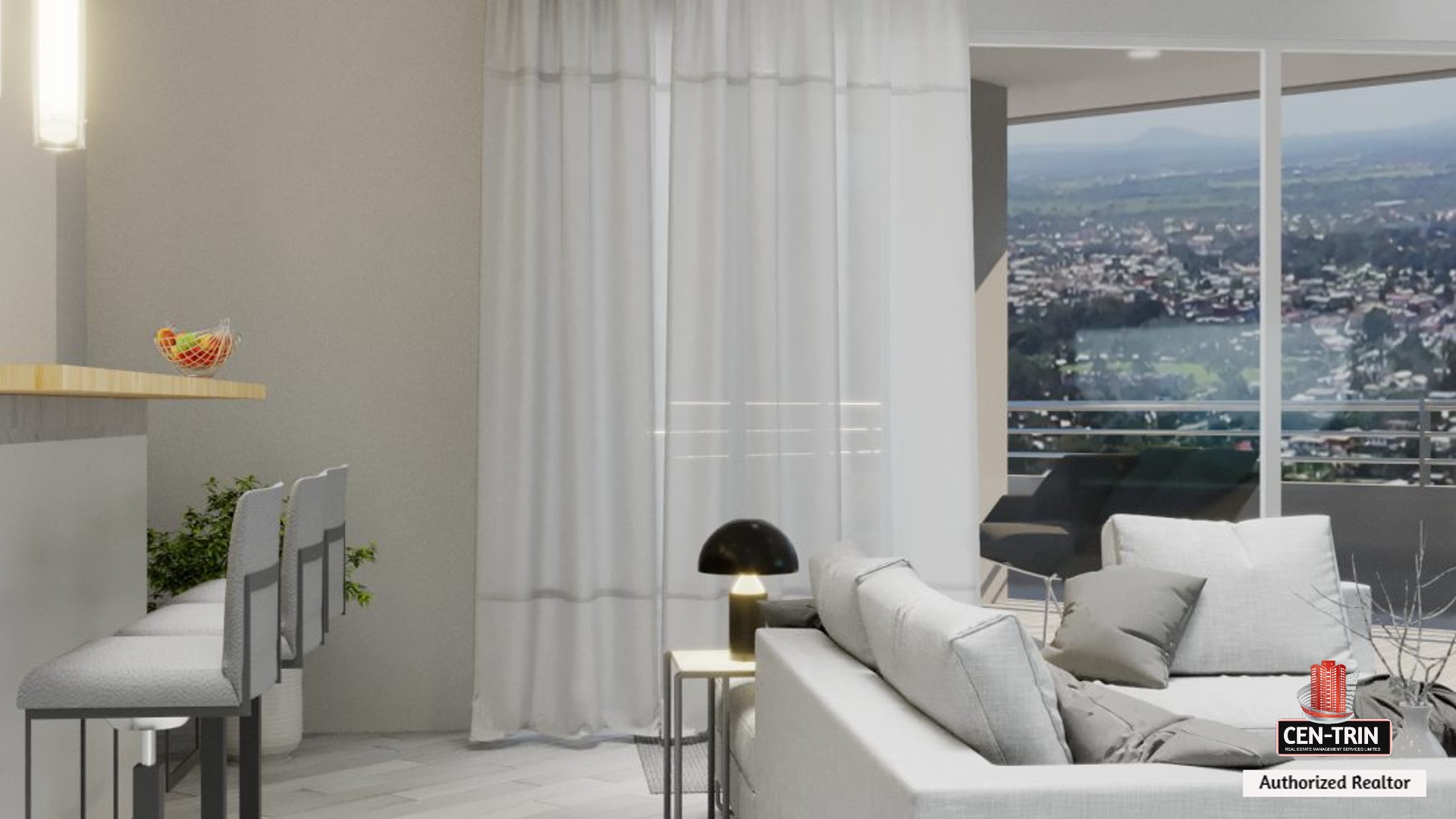 Modern living room with sleek furniture and city view