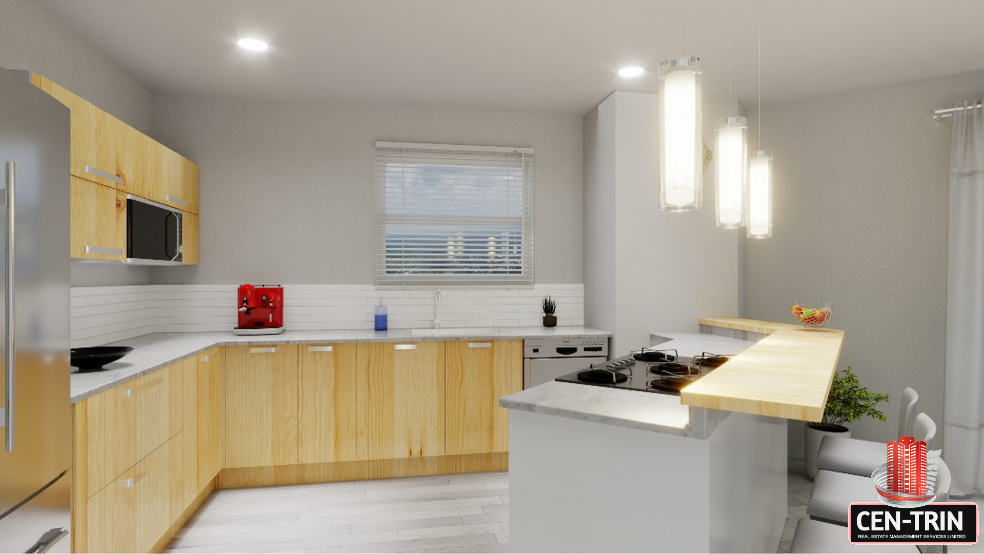 Modern kitchen with stainless steel appliances and granite countertops in a luxury apartment