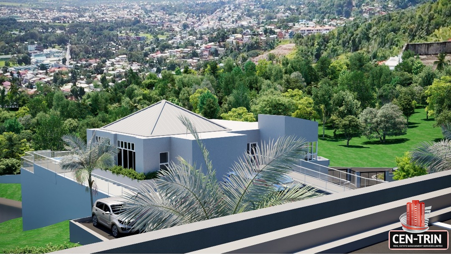 Rendering of a house with a car parked on the roof