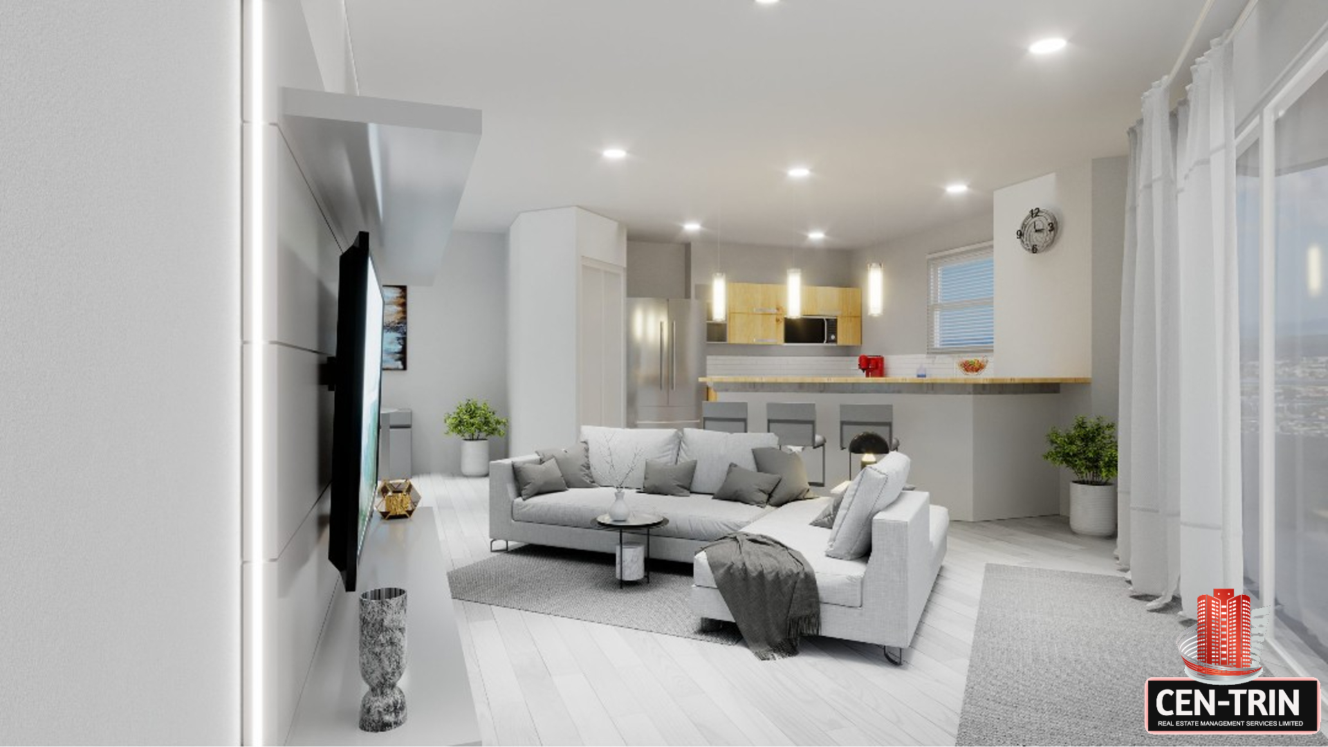 Living room interior with a couch, television, and kitchen visible in the background