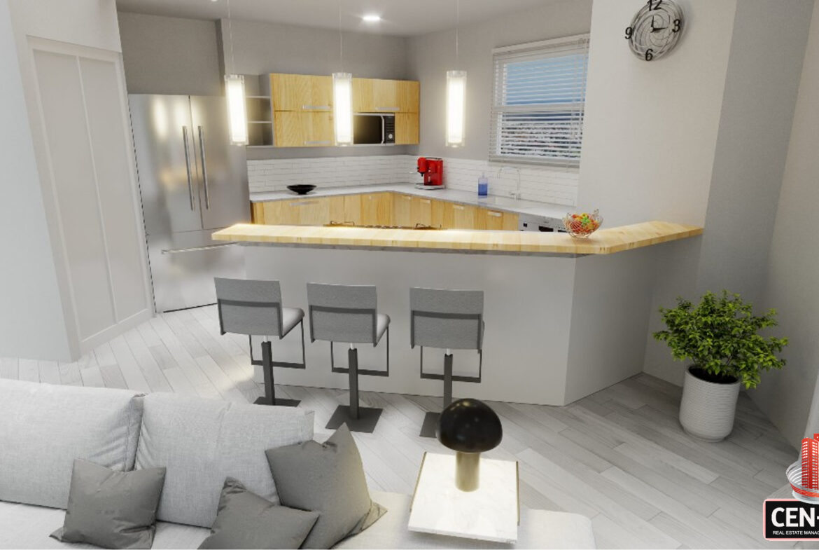 Modern kitchen with breakfast bar and stools in luxury apartment