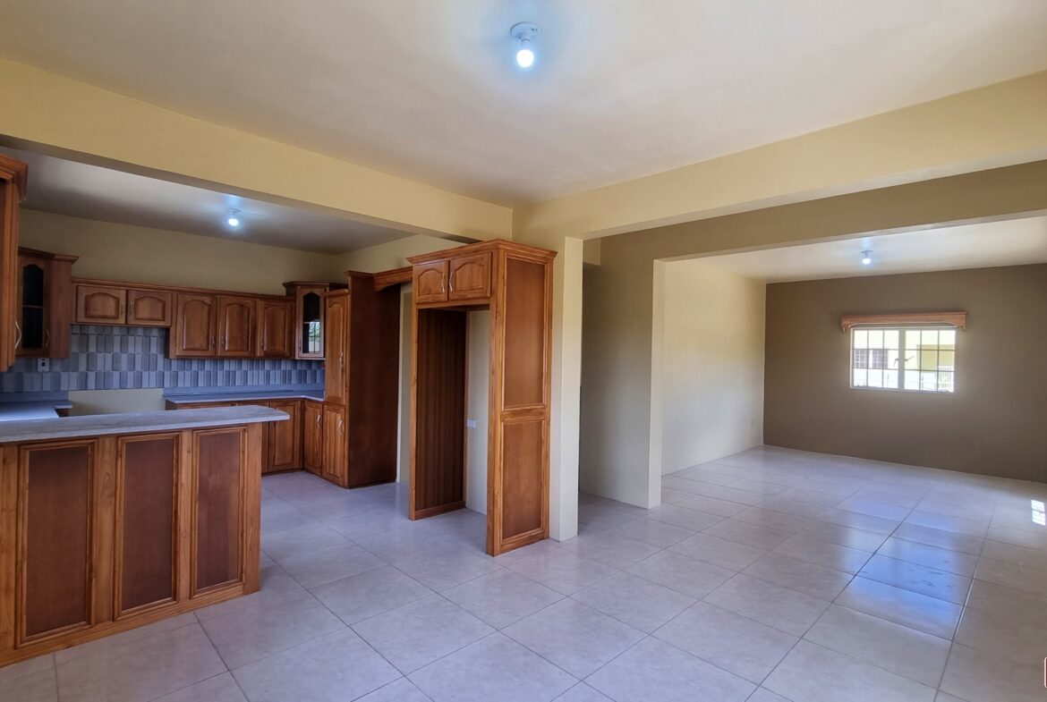 Open concept living and kitchen area in townhouse for sale. The kitchen has stainless steel appliances, granite countertops, and a breakfast bar.