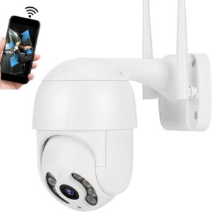 A white, dome-shaped outdoor security camera with a black base