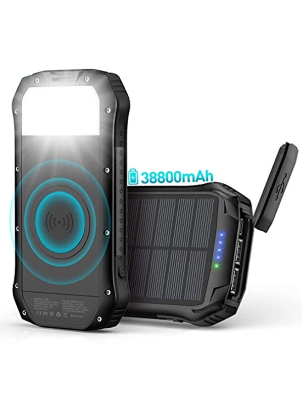A black F16W power bank with a textured surface and a digital display showing the remaining battery percentage. It has two USB-A ports and a USB-C port.