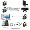Black wireless earbuds in a charging case. The earbuds have a round design and silver detailing. The charging case is black and oblong-shaped.