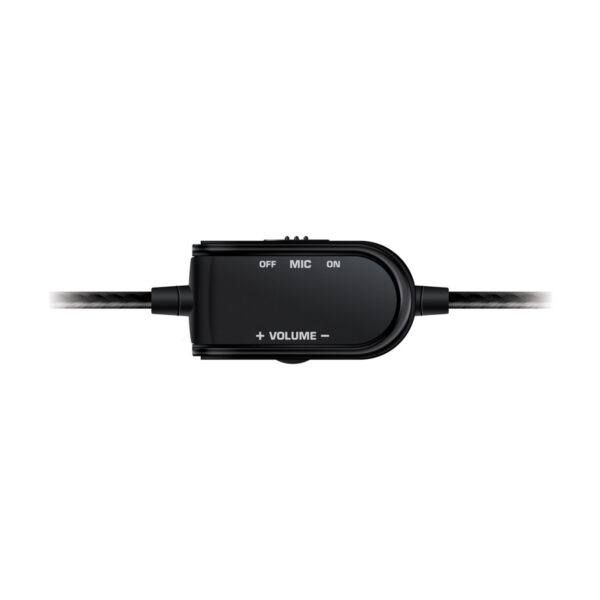 Close-up photo of a black boom microphone with a mute button on the cable of a dreamGEAR GRX-340 Advanced Wired Stereo Gaming Headset