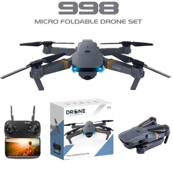 Box containing a folded black RX Drone with a camera, a remote control, and a smartphone. Text on the box highlights features including Wi-Fi function, app control, and a carrying case.