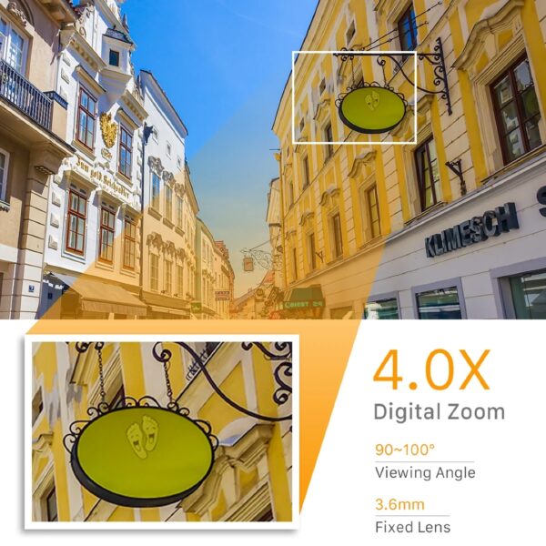 Outdoor security camera showcasing 4.0X digital zoom, 90° to 100° viewing angle, and 3.6mm fixed lens on a street with buildings.