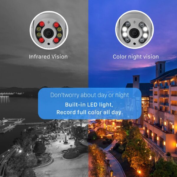 Black outdoor security camera with dome-shaped housing, infrared illuminators, and a built-in spotlight.