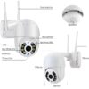 Diagram of a white outdoor security camera with a microphone, speaker, dual antenna, IR sensor, TF card slot, and LED lights.