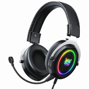 Black Onikuma X10 wired gaming headset with over-ear cups, an adjustable microphone, and volume control on the left ear cup. There's a braided cable attached to the left ear cup.