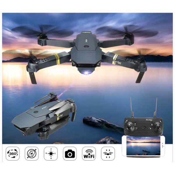 Black RX Drone X Pro with a camera mounted on a gimbal underneath, flying over a body of water.