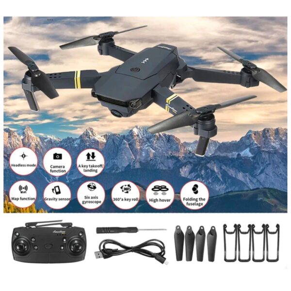 Black RX drone with a camera mounted on a gimbal underneath, propellers folded, and a remote control with two joysticks and antennas on the ground.