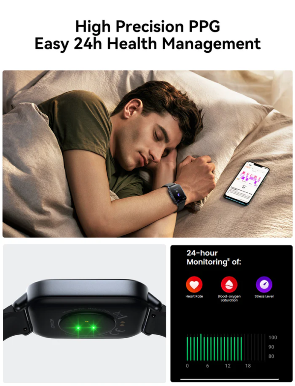 A Joyroom JR-FT3S Smart Watch displaying real-time heart rate, blood oxygen saturation, and stress level data on the screen.