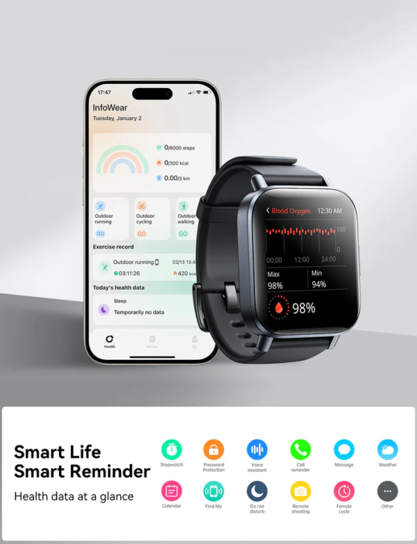 Joyroom JR-FT3S Smart Watch displaying fitness data and notifications on the screen, with a smartphone showing the associated app interface.
