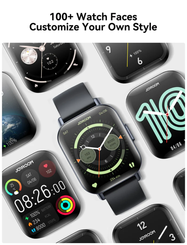A Joyroom JR-FT3S Smartwatch displaying various customizable watch faces, showcasing the watch's personalization options.