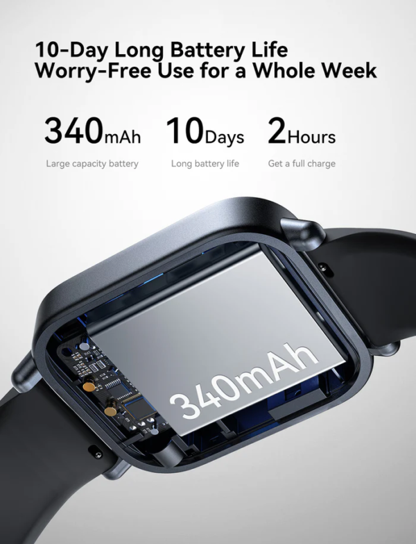 A cutaway image of the Joyroom JR-FT3S Smartwatch highlighting its 340mAh battery and showcasing its long battery life of up to 10 days.