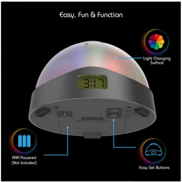 Tzumi AuraLED ColorClock showing its features: light-changing surface, AAA battery compartment, and easy-set buttons.