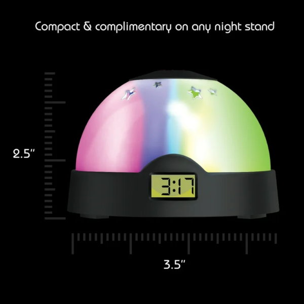 Tzumi AuraLED ColorClock showing its compact size with dimensions 2.5" tall and 3.5" wide.
