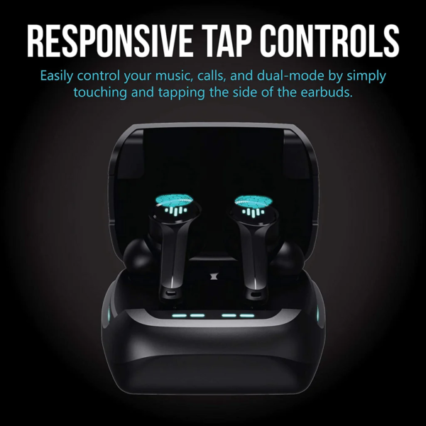 iLuv SG100 True Wireless Gaming Earbuds with responsive tap controls for easy music, call, and mode management. Sleek black design with charging case.