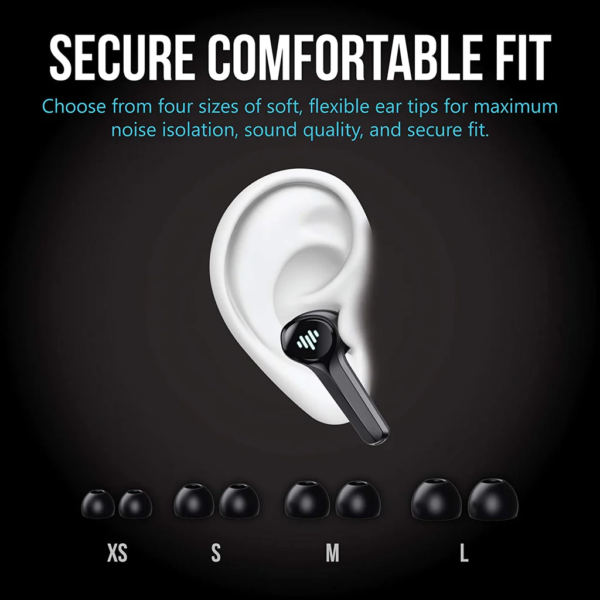 iLuv SG100 gaming earbuds shown with ear and four sizes of included ear tips (XS, S, M, L) for a secure and comfortable fit, noise isolation, and enhanced sound quality.