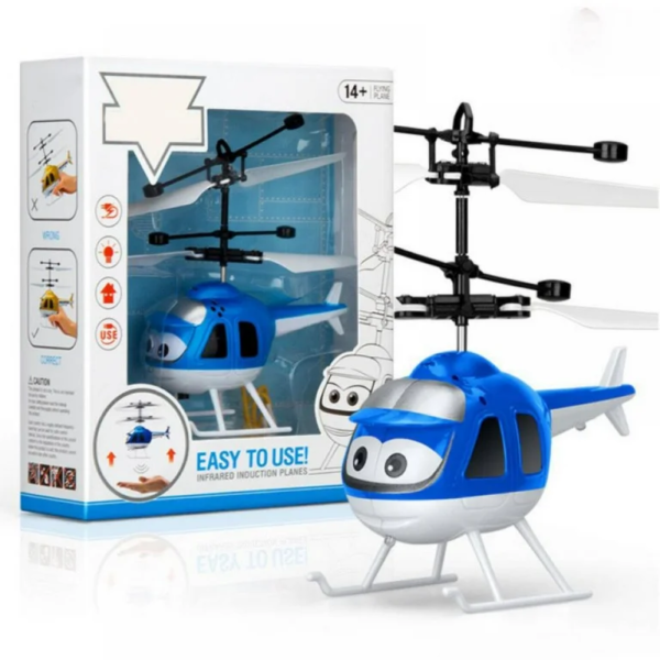 A blue and white infrared induction helicopter toy in its packaging, with the words "Easy to Use!" highlighted.