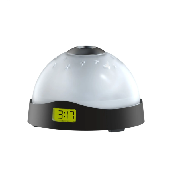 Tzumi AuraLED ColorClock displaying the time and a starry night projection.