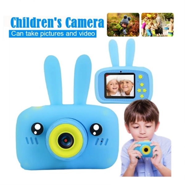 Young boy holding a blue Rabbit digital camera, perfect for kids in Trinidad and Tobago.