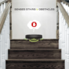 A Tzumi SmartClean 2000 robot vacuum approaching a set of stairs, with a thought bubble showing a stop sign indicating its ability to sense and avoid obstacles.