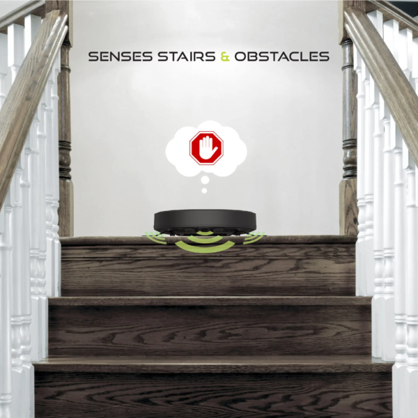 A Tzumi SmartClean 2000 robot vacuum approaching a set of stairs, with a thought bubble showing a stop sign indicating its ability to sense and avoid obstacles.