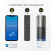 An image showing three ways to control Tzumi smart home devices: a smartphone app, a remote control, and voice commands using Google Assistant or Amazon Alexa.