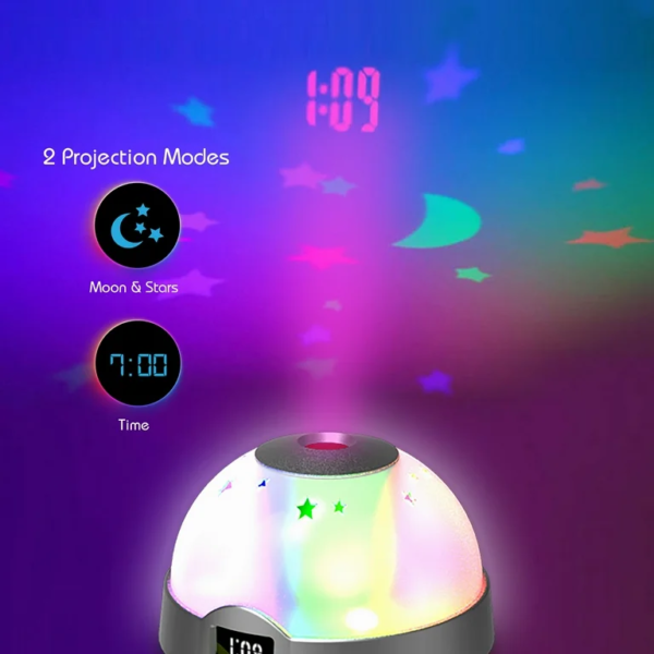 Tzumi AuraLED ColorClock projecting colorful stars and moon patterns onto a ceiling.