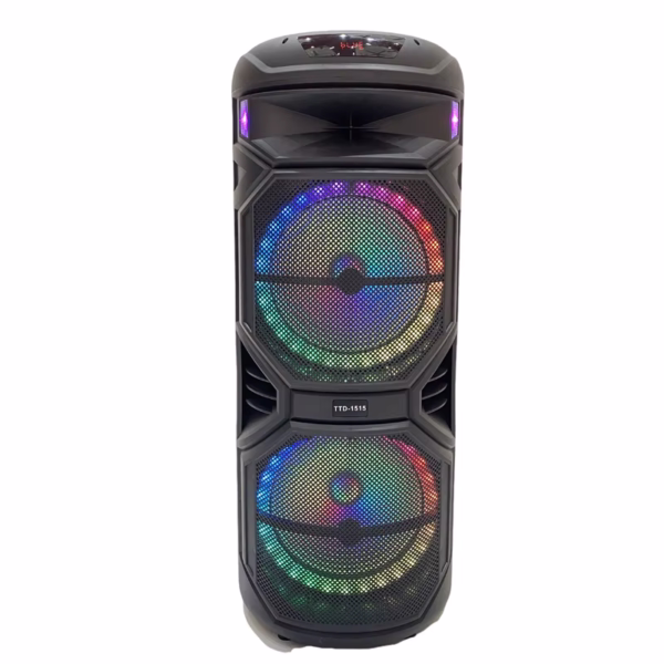 Black TTD-1515 portable bluetooth speaker with dual 15-inch woofers and LED lights.