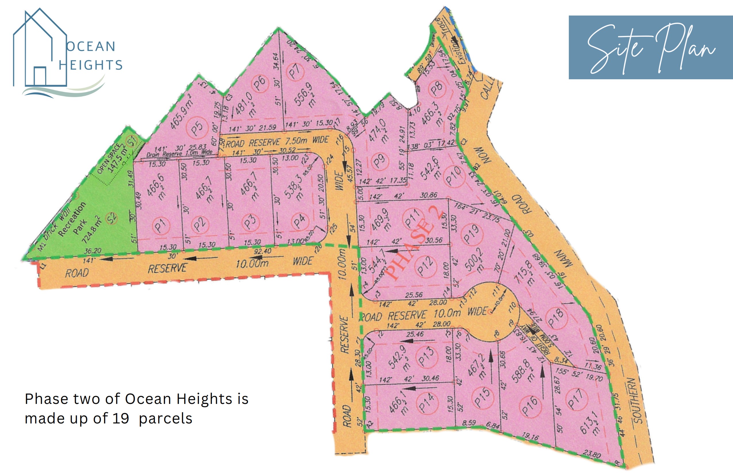 A detailed site plan of Phase Two of Ocean Heights, showing 19 parcels of land, road reserves, and open spaces, with the text "Site Plan" and "Phase two of Ocean Heights is made up of 19 parcels" visible.