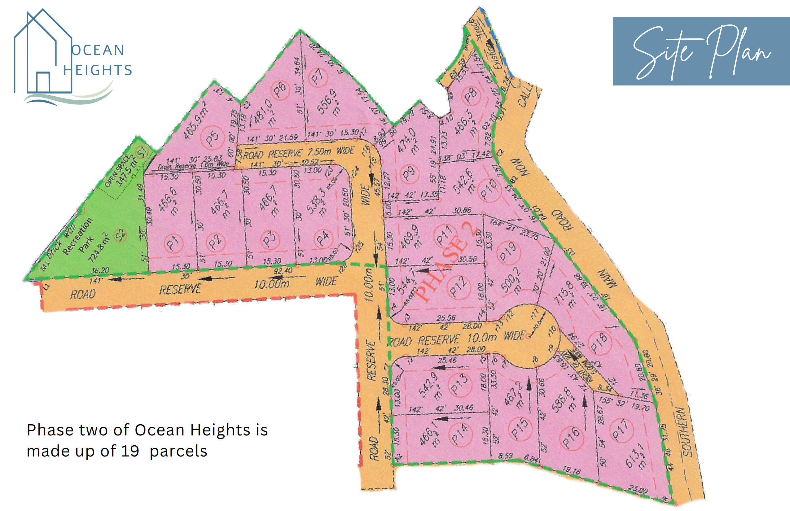 A detailed site plan of Phase Two of Ocean Heights, showing 19 parcels of land, road reserves, and open spaces, with the text "Site Plan" and "Phase two of Ocean Heights is made up of 19 parcels" visible.