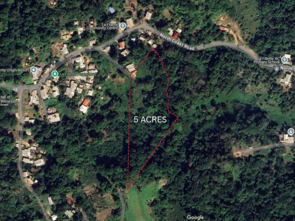 Cheap Land For Sale In Trinidad - La Fillette 16 Cadastral map showing a 5.375-acre freehold land parcel in La Fillette, Trinidad, with road access and defined boundaries, ideal for agriculture or development. Cheap Land For Sale In Trinidad
