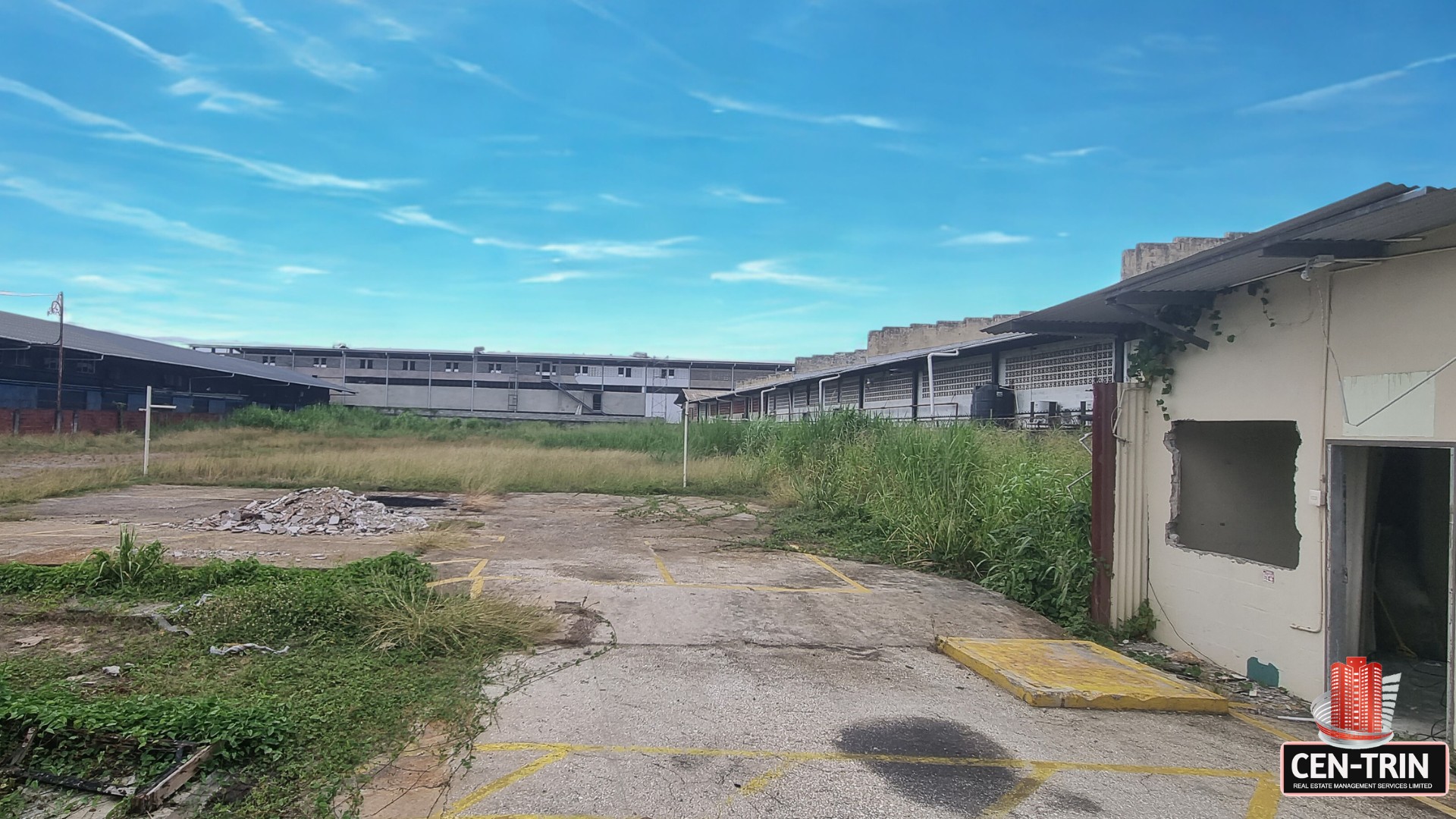 Wide-angle ground view of the commercial land for rent on Patraj Trace, Aranguez, showing a concrete slab foreground with debris, surrounded by tall grass and neighboring commercial structures under a bright sky.