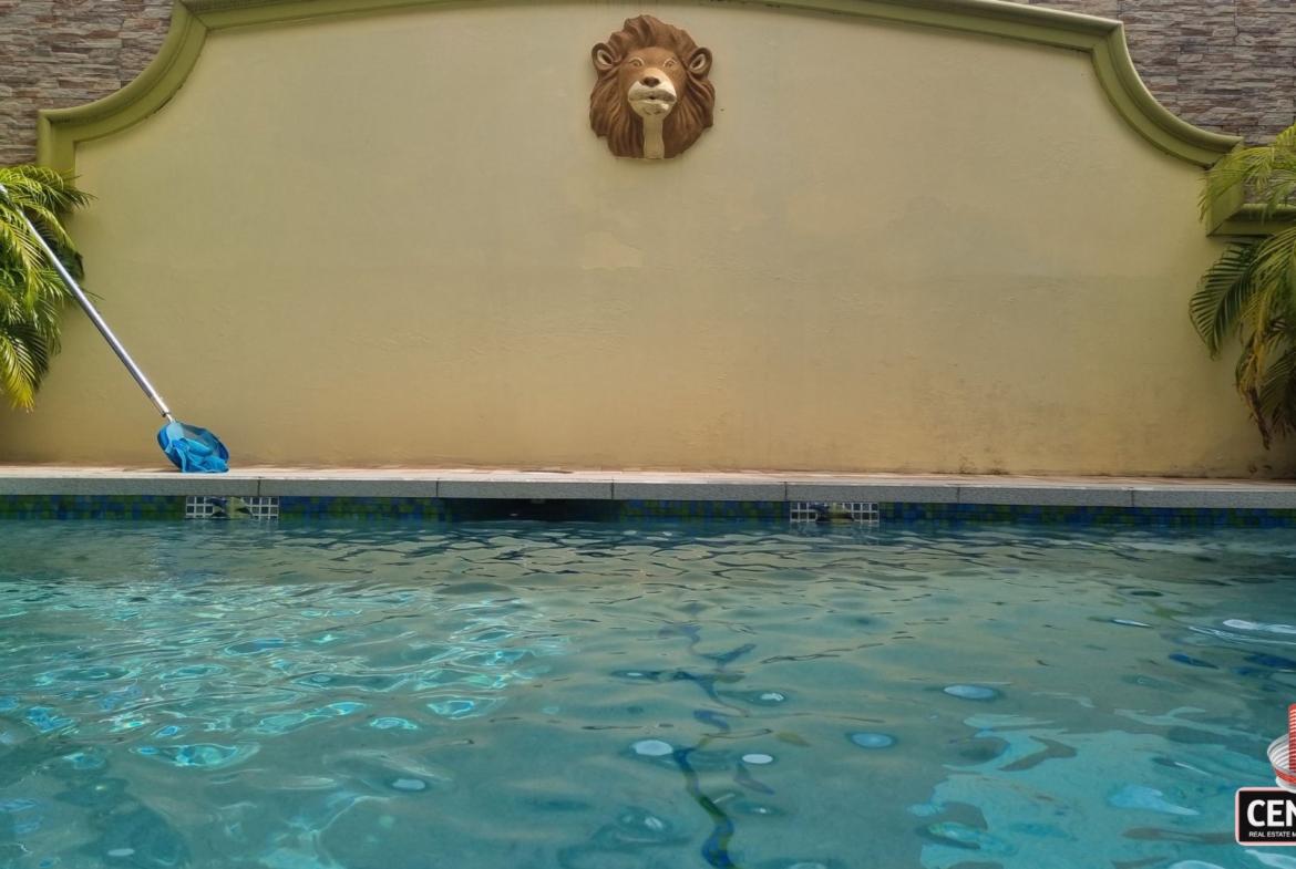 Detail of the refreshing pool area at this luxury home for sale in Cunupia, featuring a lion head fountain.
