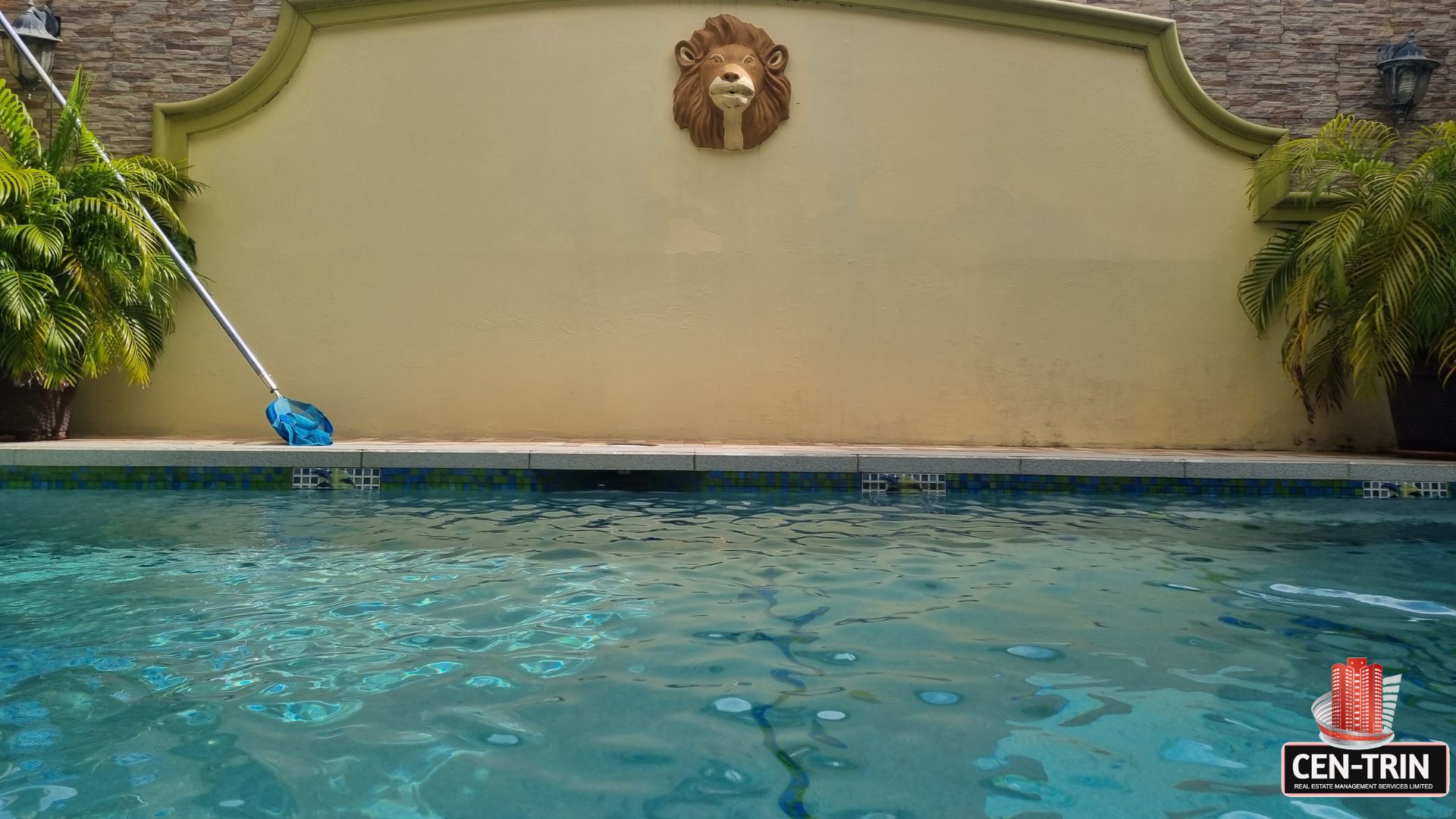 Detail of the refreshing pool area at this luxury home for sale in Cunupia, featuring a lion head fountain.