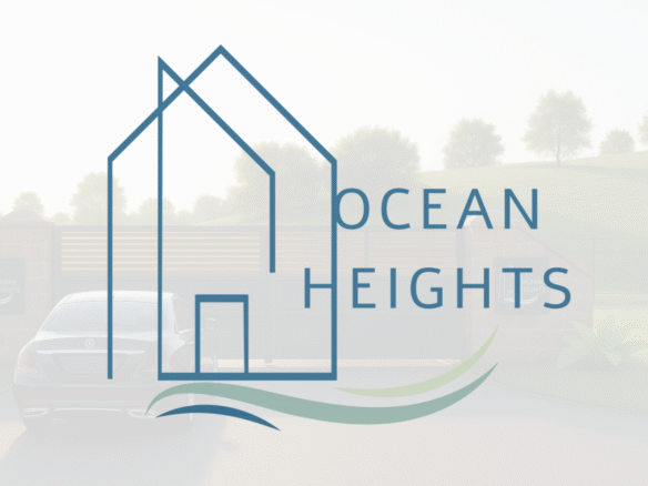 Land For Sale in Trinidad- Claxton Bay, Ocean Heights 18 A close-up of the "OCEAN HEIGHTS" logo, featuring stylized text, representing premium land for sale in Trinidad.