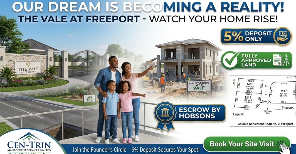 Happy family witnessing construction of their dream home at The Vale at Freeport gated community, featuring fully approved land and a 5% deposit special.